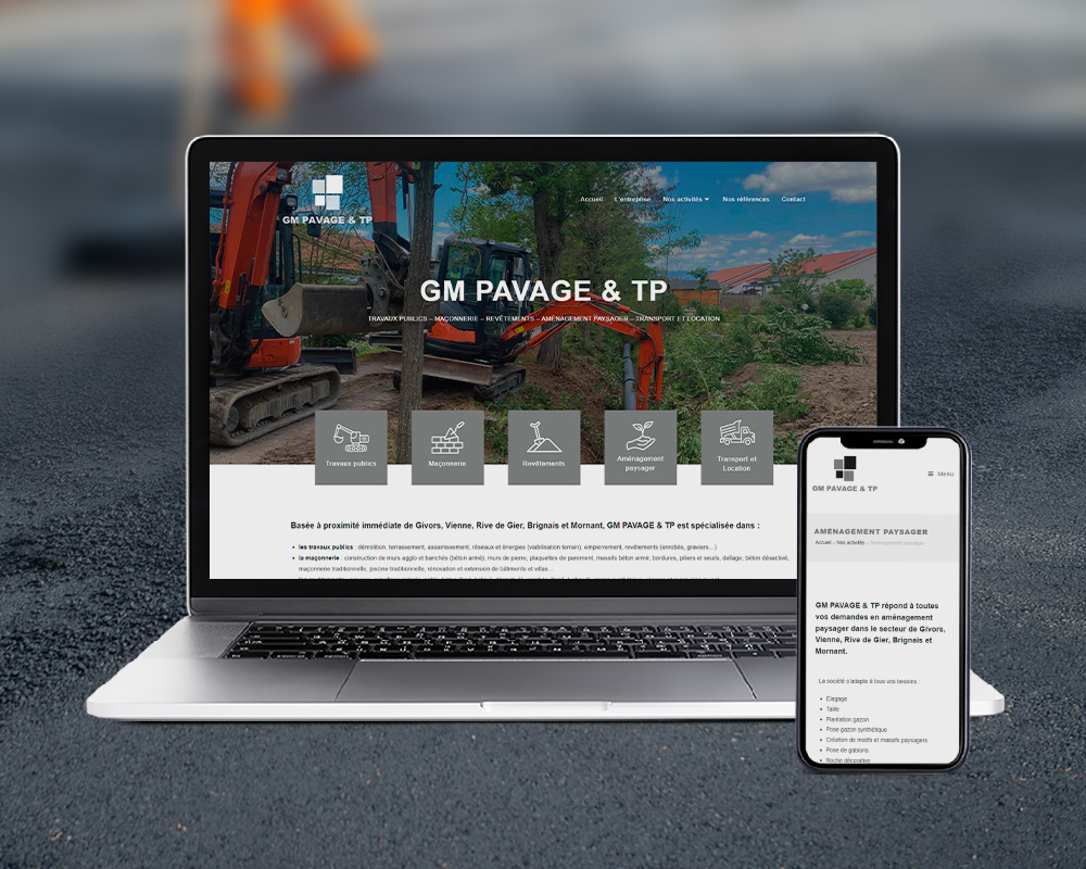 Création du site internet pour GM PAVAGE & TP, spécialiste en terrassement, maçonnerie, piscine et paysage près de Brignais, Mornant, Givors, Rive-de-Gier et Vienne.