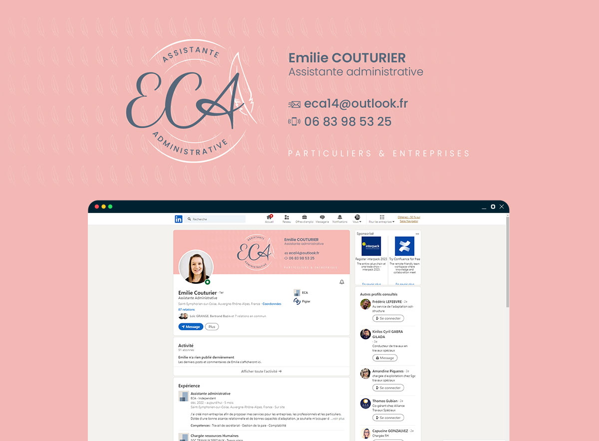 Création de logo, de carte de visite et de couverture LinkedIn pour ECA Assistante Administrative - Emilie COUTURIER