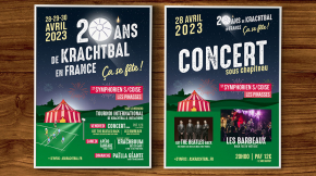 Création de la charte graphique (affiches, flyers, banderoles...) pour les 20 ans de l'AS Krachtbal les 28, 29 et 30 avril 2023 à Saint Symphorien sur Coise.