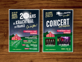 Création de la charte graphique (affiches, flyers, banderoles...) pour les 20 ans de l'AS Krachtbal les 28, 29 et 30 avril 2023 à Saint Symphorien sur Coise.