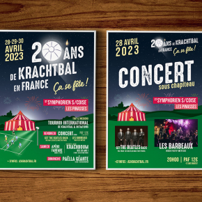 Création de la charte graphique (affiches, flyers, banderoles...) pour les 20 ans de l'AS Krachtbal les 28, 29 et 30 avril 2023 à Saint Symphorien sur Coise.