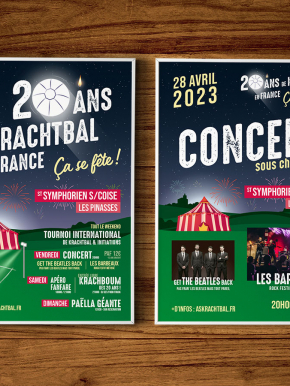 Création de la charte graphique (affiches, flyers, banderoles...) pour les 20 ans de l'AS Krachtbal les 28, 29 et 30 avril 2023 à Saint Symphorien sur Coise.