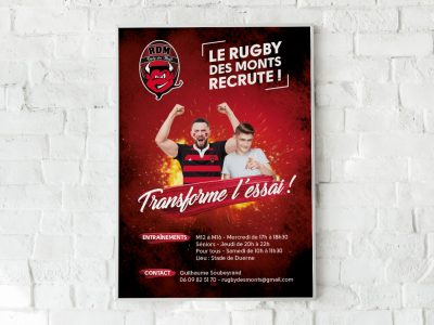 Création d'affiches, flyers, dépliants, plaquettes, bâches... pour le club du Rugby Des Monts (RDM) à Coise, dans les Monts du Lyonnais